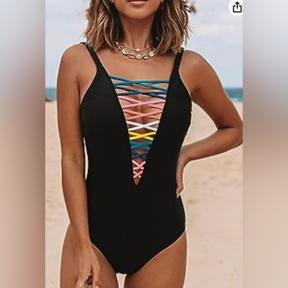 SOFIA'S CHOICE Women's  One Pieces Swimsuit Lace Up Lattice Deep V Bathing - Picture 3 of 10